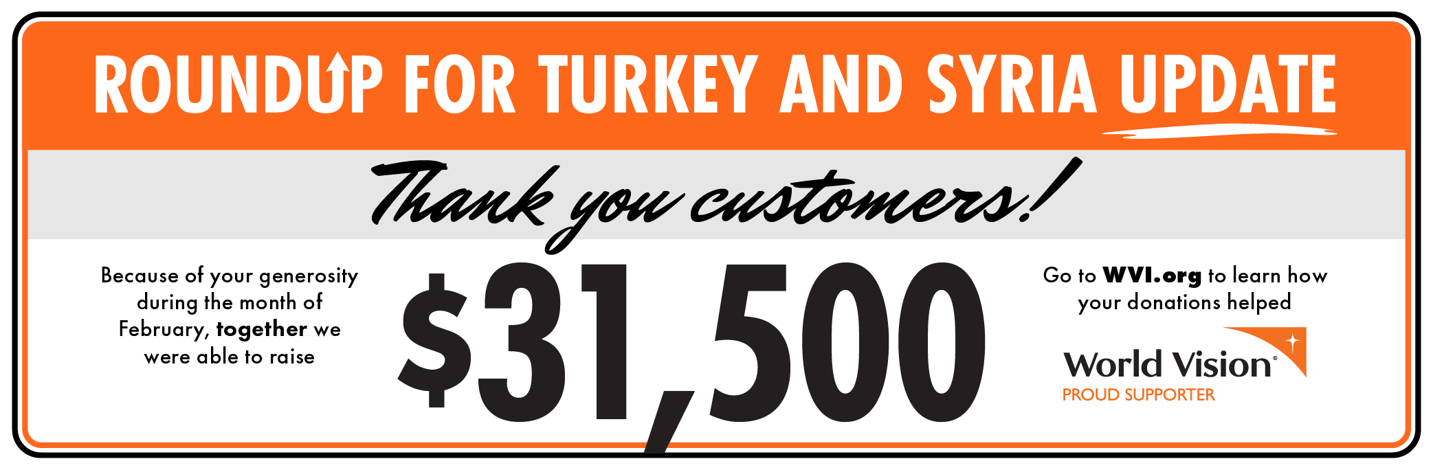 With our customers RoundUp donations in February and our matching donation, together we raised $31,500. Thank you!
